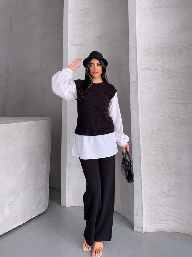 MyBee Zwart Casual Streetwear Pak Met Palazzo Broek Groothandel Kleding Casual