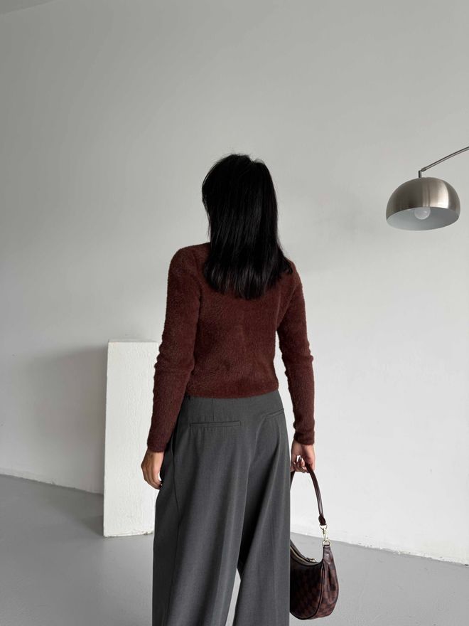 MyBee Brown Fitted Casual Sweater With Round Neck Wholesale Clothing 1