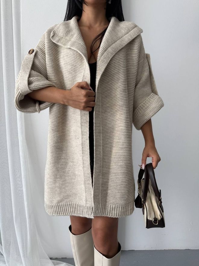 MyBee Beige Oversized Fit Cardigan With Hooded Neck Wholesale Clothing Lounge