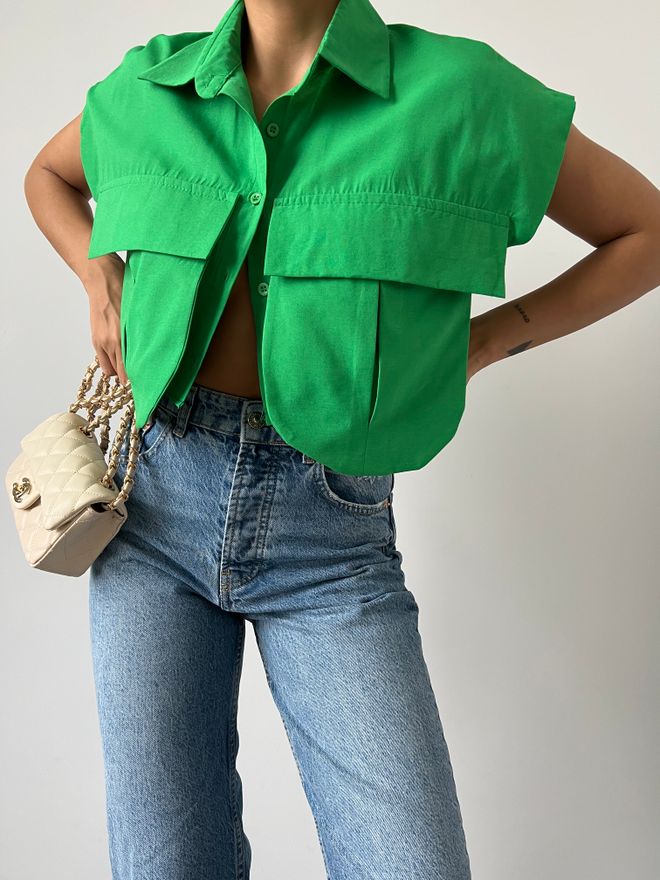 MyBee Риза с джобове Зелена Дрехи на едро Памук