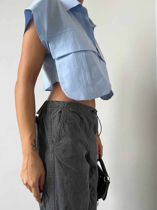 MyBee قميص بجيب أزرق ملابس بالجملة قطن