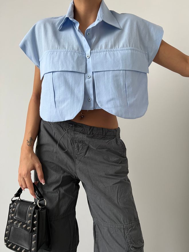 MyBee قميص بجيب أزرق ملابس بالجملة عمل