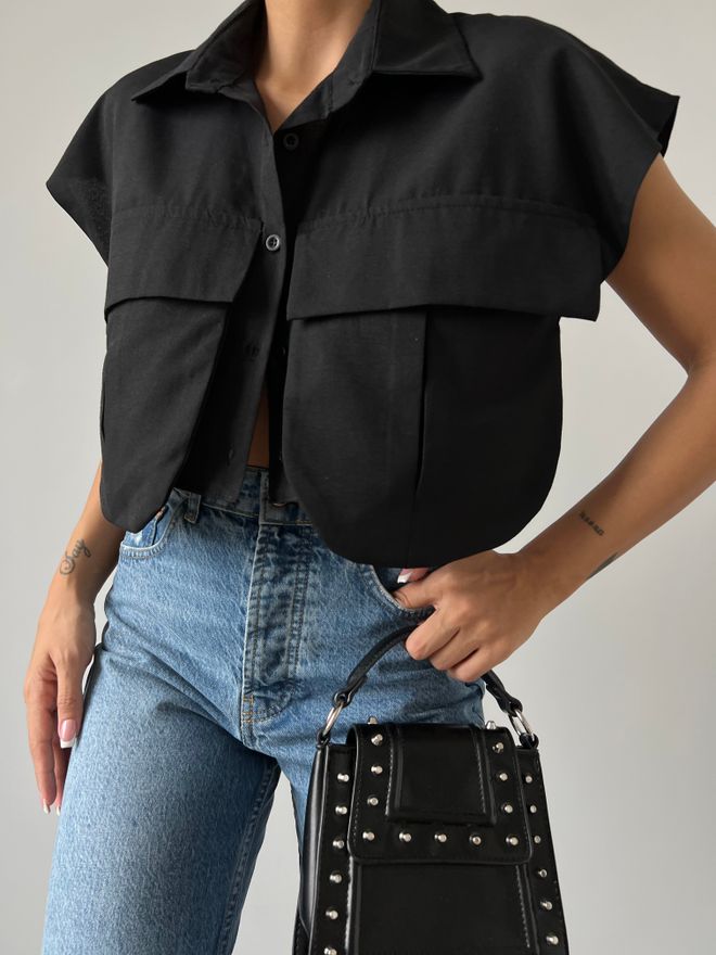 MyBee قميص مُفصل بالجيب أسود ملابس بالجملة قطن