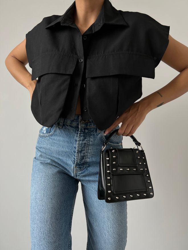 MyBee قميص مُفصل بالجيب أسود ملابس بالجملة عمل