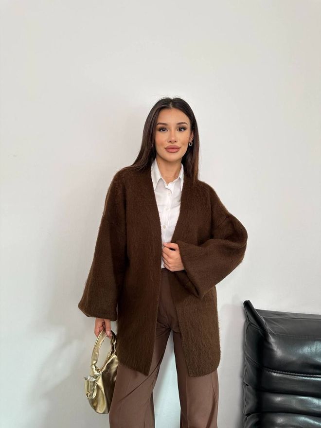 MyBee Kahverengi Gündelik Zarif Çentikli Yakalı Hırka Toptan Giyim Gündelik