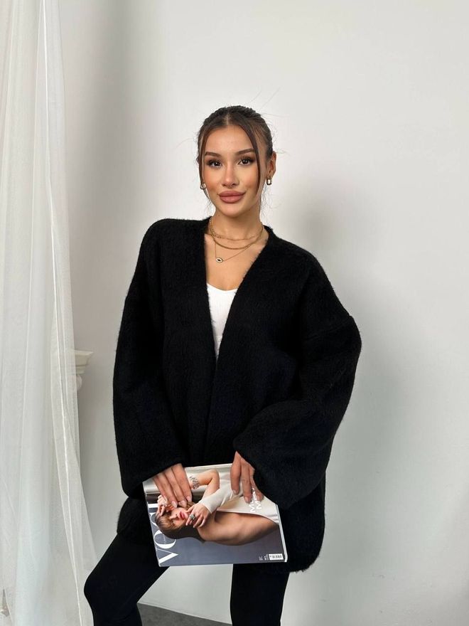 MyBee Siyah Gündelik Zarif Bol Kalıp V Yaka Uzun Hırka Toptan Giyim Gündelik