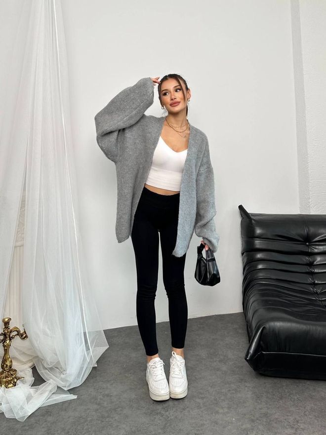 MyBee Gri Gündelik Bol Kesim Balon Kollu Hırka Toptan Giyim Gündelik