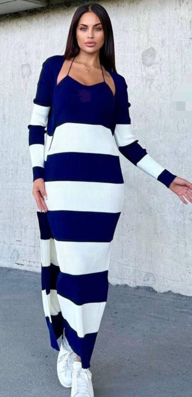 MyBee Set Lacivert Zarif Çizgili Bodycon Maksi Toptan Giyim Gündelik