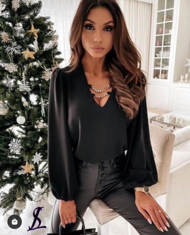 MyBee Black Elegant Glam Blouse With V Neck And Ballon Sleeves Wholesale Clothing Sexy