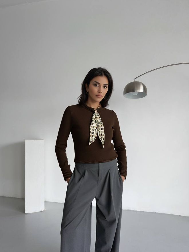 MyBee Pull Chardonné À Détail D'écharpe Marron Vêtements en gros Décontracté