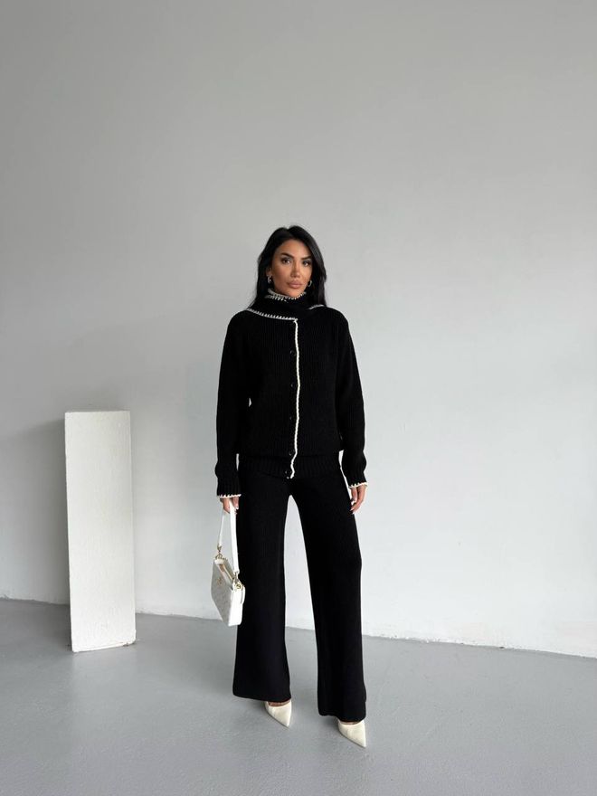 MyBee Siyah Zarif Düğmeli Palazo Pantolonlu Takım Toptan Giyim Gündelik