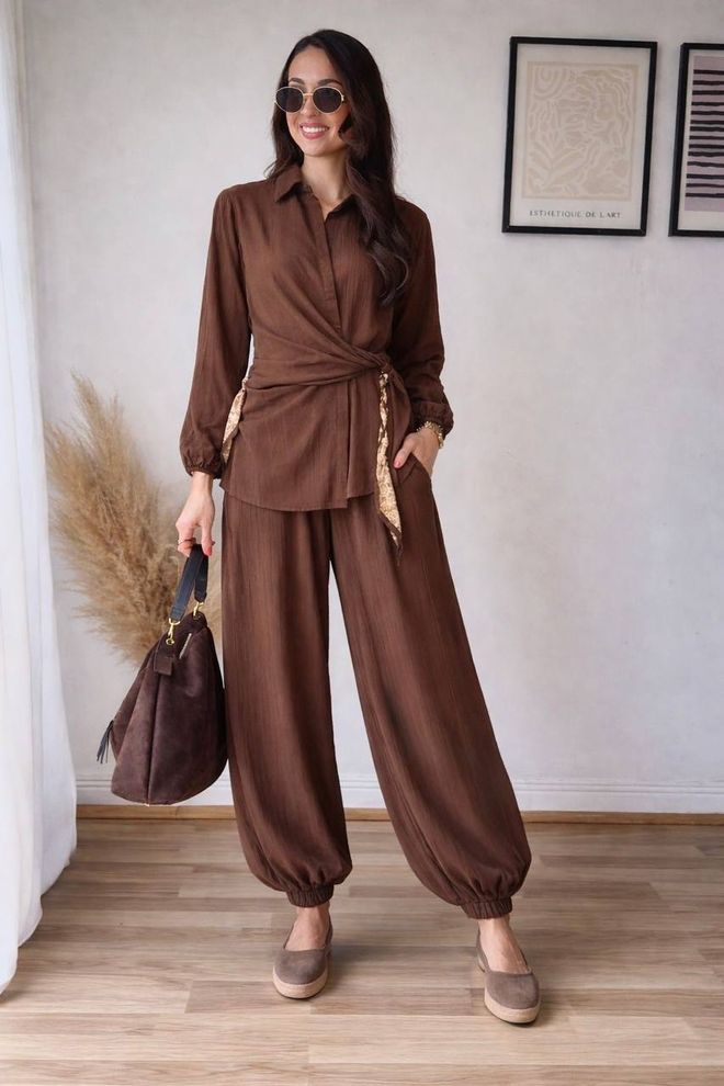 MyBee Elegante Abito Marrone Con Pantaloni Jogger A Gamba A Palloncino Abbigliamento all'ingrosso Casuale