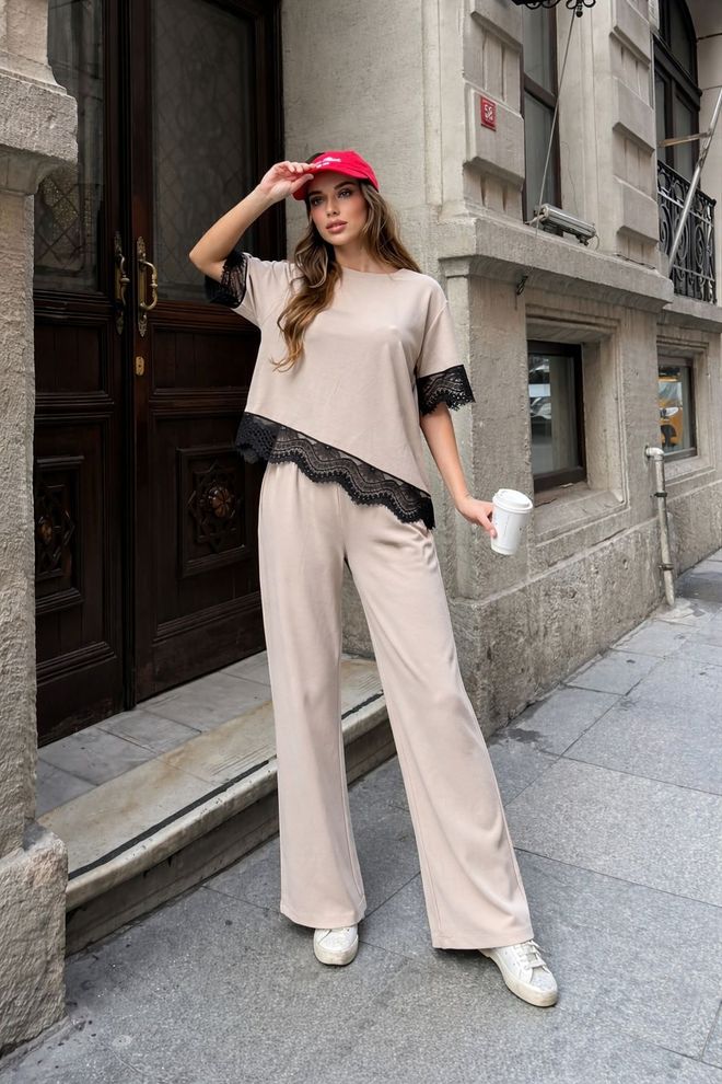 MyBee Abito Beige Casual Elegante Con Pantaloni Palazzo Abbigliamento all'ingrosso Casuale