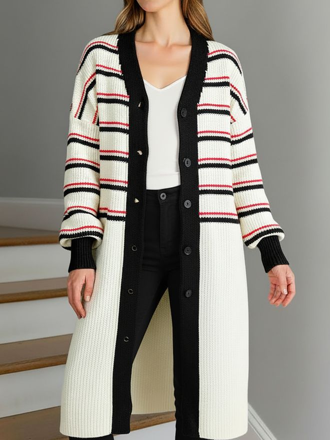 MyBee White Long Oversized Fit V Neck Buttoned Cardigan Wholesale Clothing 1