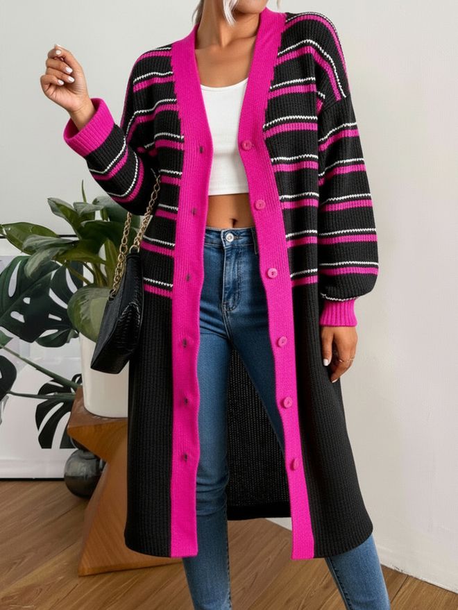 MyBee Црни Дуги Прекомерно Велики Кардиган У Пруге Велепродаја одеће Неформалан