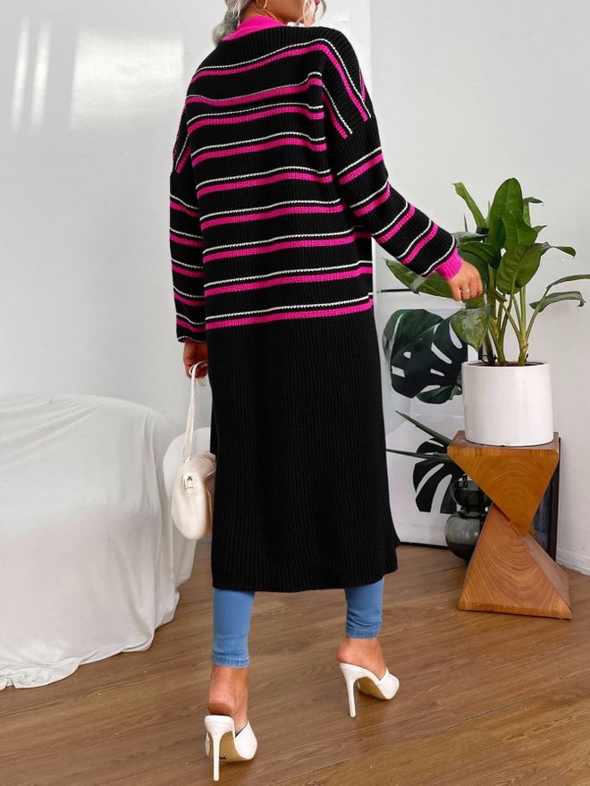 MyBee Black Oversized Fit Long Striped Cardigan Wholesale Clothing 1