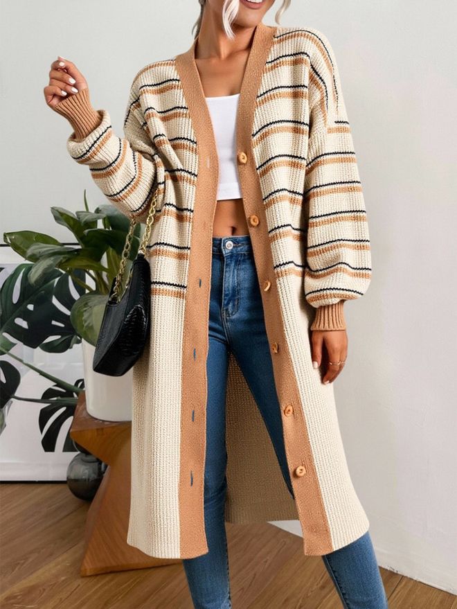 MyBee Beige Cardigan With Oversized V Neck And Balloon Sleeves Wholesale Clothing 1