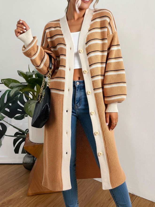MyBee Beige Strickjacke Mit Übergroßer Passform Und V Ausschnitt Großhandelskleidung Lässig