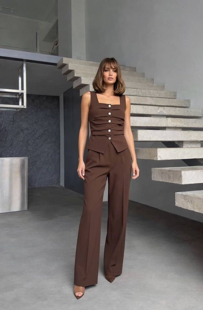 MyBee Браон Формални Елегантан Комплет Без Рукава Велепродаја одеће Формални