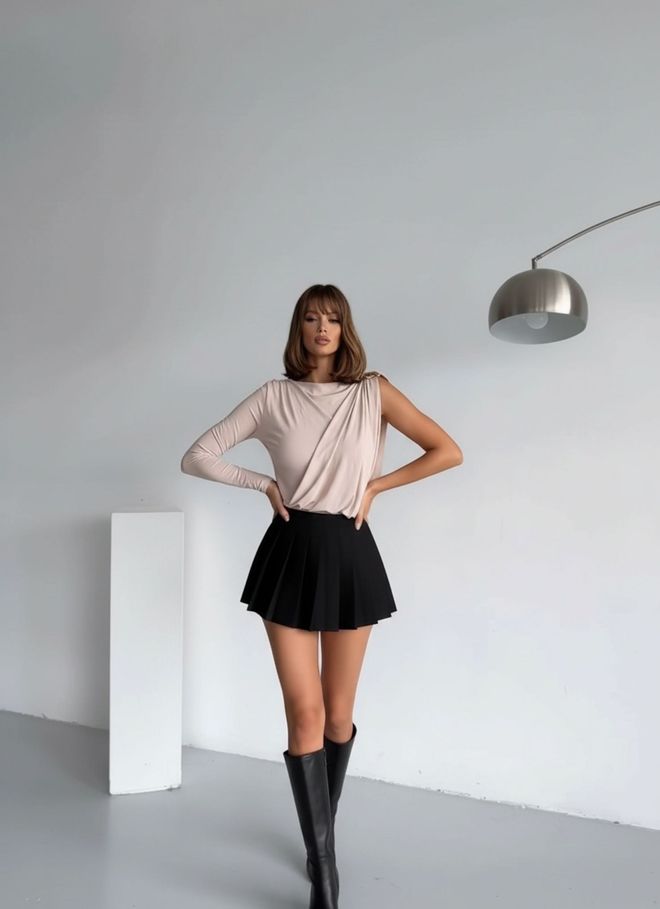 MyBee Elegant Black Bodysuit With Boat Neck And Long Sleeves Wholesale Clothing Work