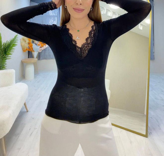 MyBee اعلى المحاصيل الأسود برقبة على شكل حرف V وأكمام طويلة ملابس بالجملة عمل