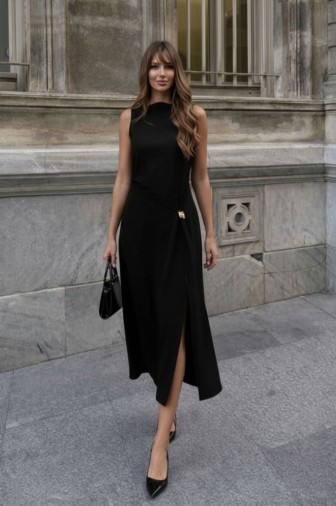 MyBee Vestito Nero Elegante Wrap Con Collo Alto Abbigliamento all'ingrosso 1