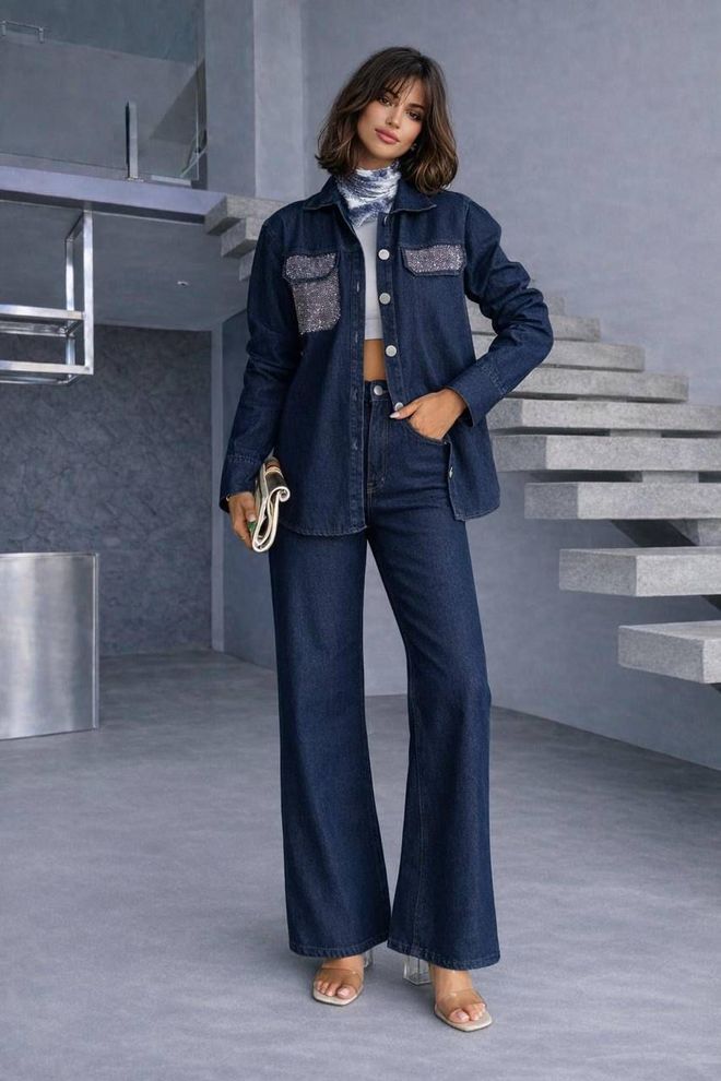 MyBee Costum Casual Elegant Albastru Cu Pantaloni Palazzo Evazați Îmbrăcăminte cu ridicata Casual