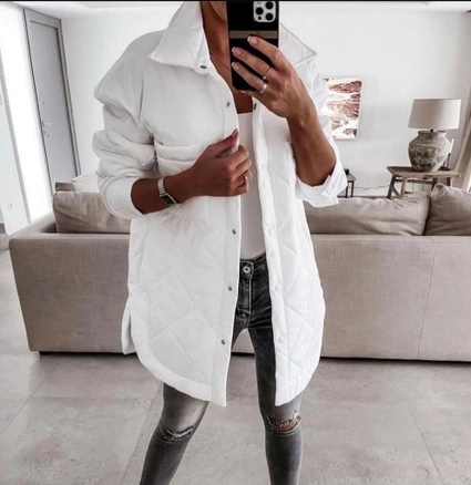 A model wears 39326 - Coat - White, wholesale undefined of MyBee to display at Lonca