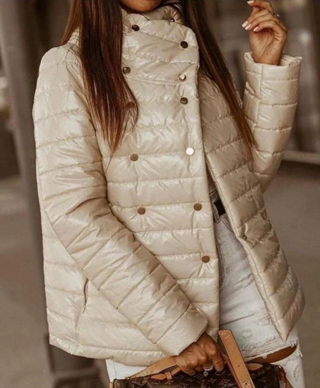 A model wears 39339 - Coat - Beige, wholesale Coat of MyBee to display at Lonca