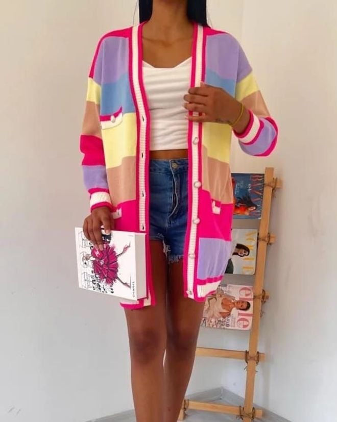 MyBee Mix Color Cardigan Fuchsia Wholesale Clothing Casual