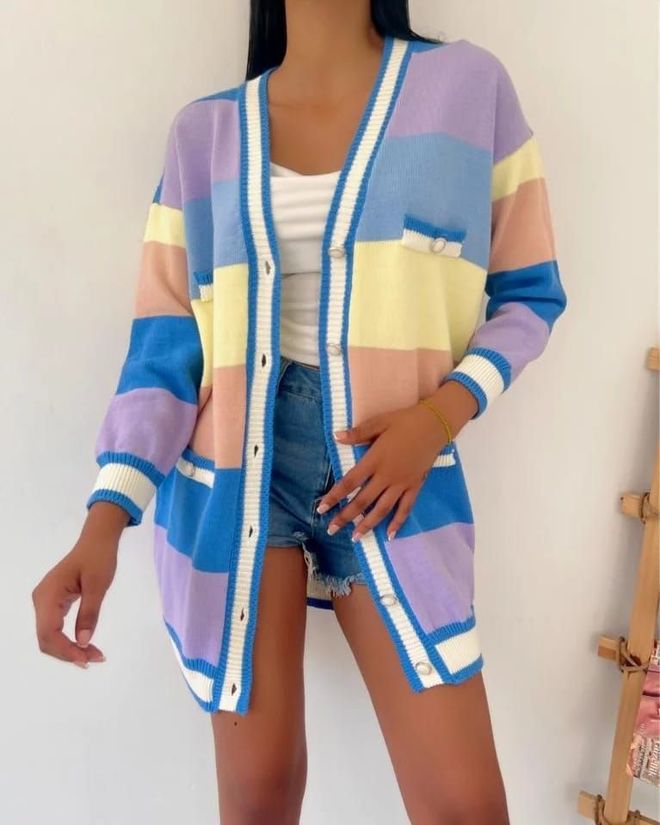 MyBee Mix Color Cardigan Blue Wholesale Clothing Casual