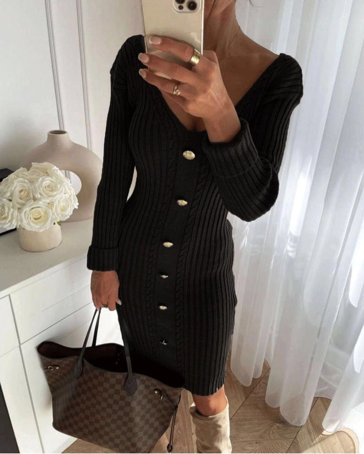 Ένα μοντέλο χονδρικής πώλησης ρούχων φοράει 39686 - Tricot Dress With Button Detail - Black, τούρκικο Φόρεμα χονδρικής πώλησης από MyBee
