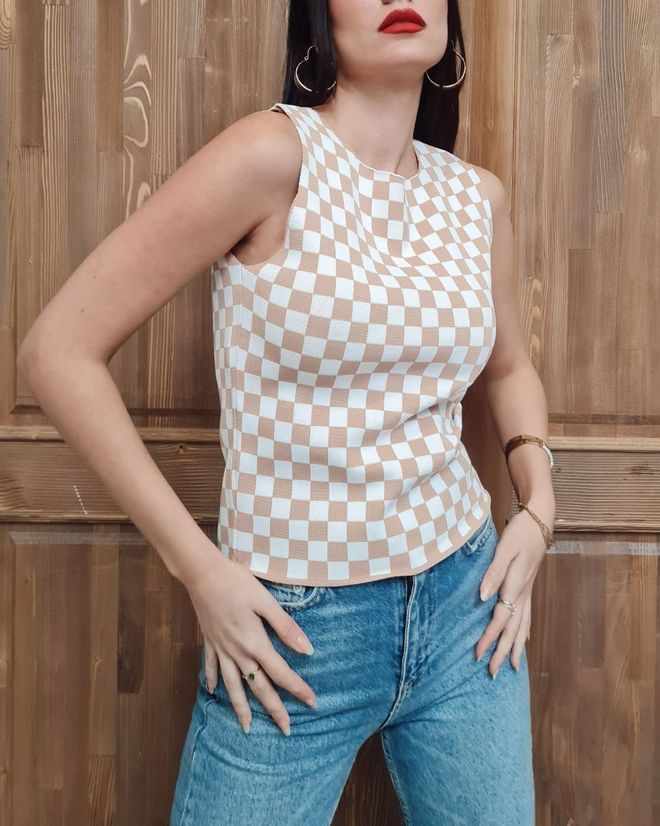 MyBee Crop in maglia scozzese Beige Abbigliamento all'ingrosso Casuale
