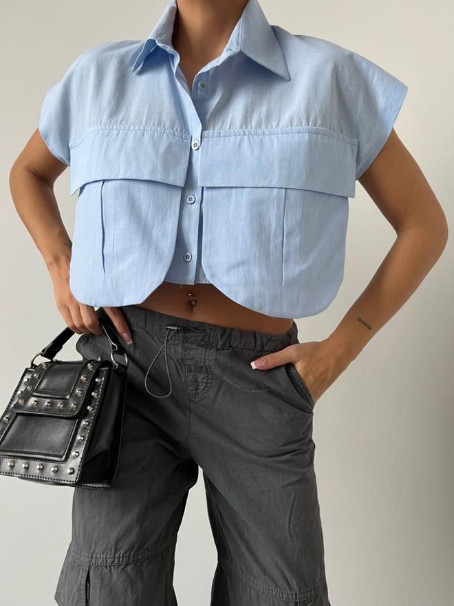 MyBee Chemise Détail Poches Bleu Vêtements en gros Décontracté