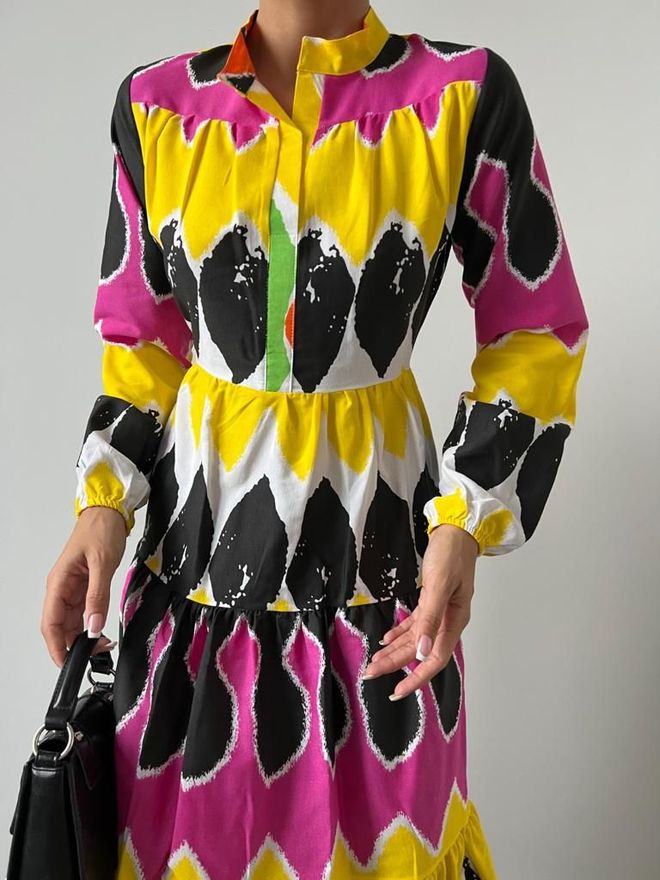 MyBee ROBE POPELINE MOTIF Jaune Noir Vêtements en gros Coton