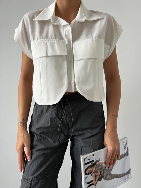 A model wears 47820 - Pocket Detailed Shirt - White, wholesale Shirt of MyBee to display at Lonca