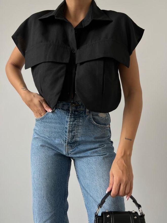 MyBee Chemise Détail Poches Noir Vêtements en gros Décontracté