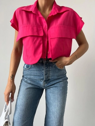 A model wears 47822 - Pocket Detailed Shirt - Fuchsia, wholesale undefined of MyBee to display at Lonca