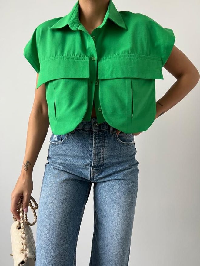 MyBee Chemise Détail Poches Vert Vêtements en gros Décontracté