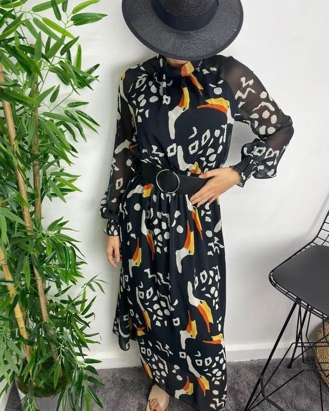 MyBee Chiffonkleid Mit Gürtel Schwarzgelb Großhandelskleidung Modest