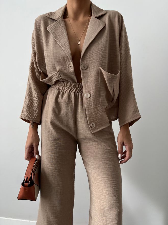 MyBee Doppelter Leinenanzug – Beige Großhandelskleidung Baumwolle