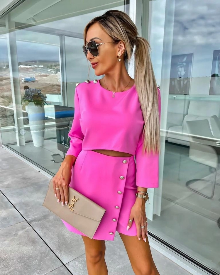 A model wears MYB10068 - Short Skirt Suit - Fuchsia, wholesale Suit of MyBee to display at Lonca