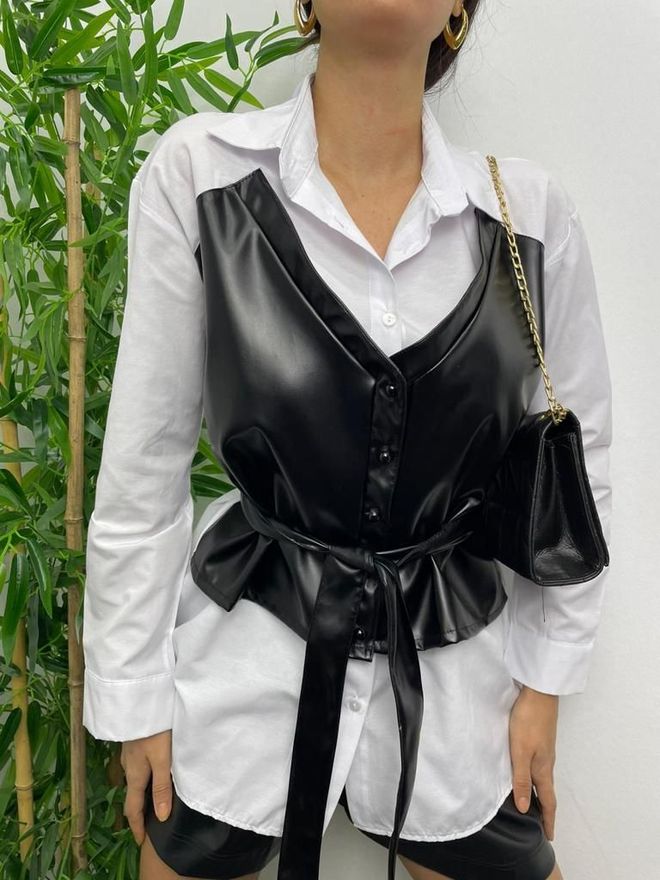 MyBee Leather Detailed Poplin Shirt Black Wholesale Clothing 0