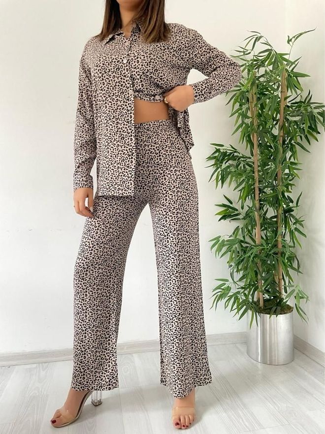 MyBee Viscose Suit Beige Leopard Wholesale Clothing Casual