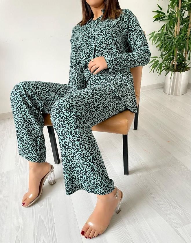 MyBee Viscose Suit Green Leopard Wholesale Clothing Casual