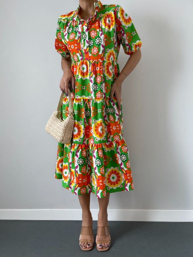 MyBee Poplin Patterned Dress Orange Wholesale Clothing Casual