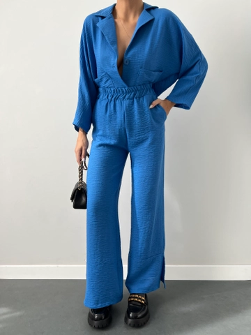 A wholesale clothing model wears  Double Linen Suit - Blue
, Turkish wholesale Suit of MyBee