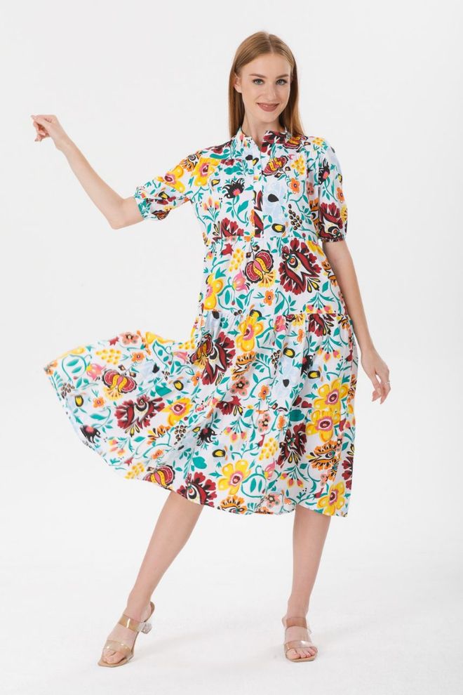 MyBee Patterned Dress Yellow Wholesale Clothing Casual