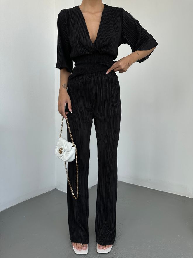 MyBee Pleat Blouse Suit Black Wholesale Clothing Casual