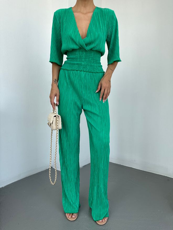 MyBee Pleat Blouse Suit Green Wholesale Clothing Casual